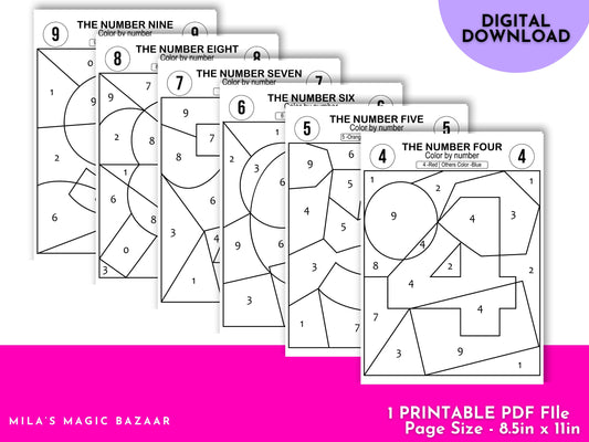 Color By Number 0-9 Activity: Pre-K Coloring Pages (Digital Download)