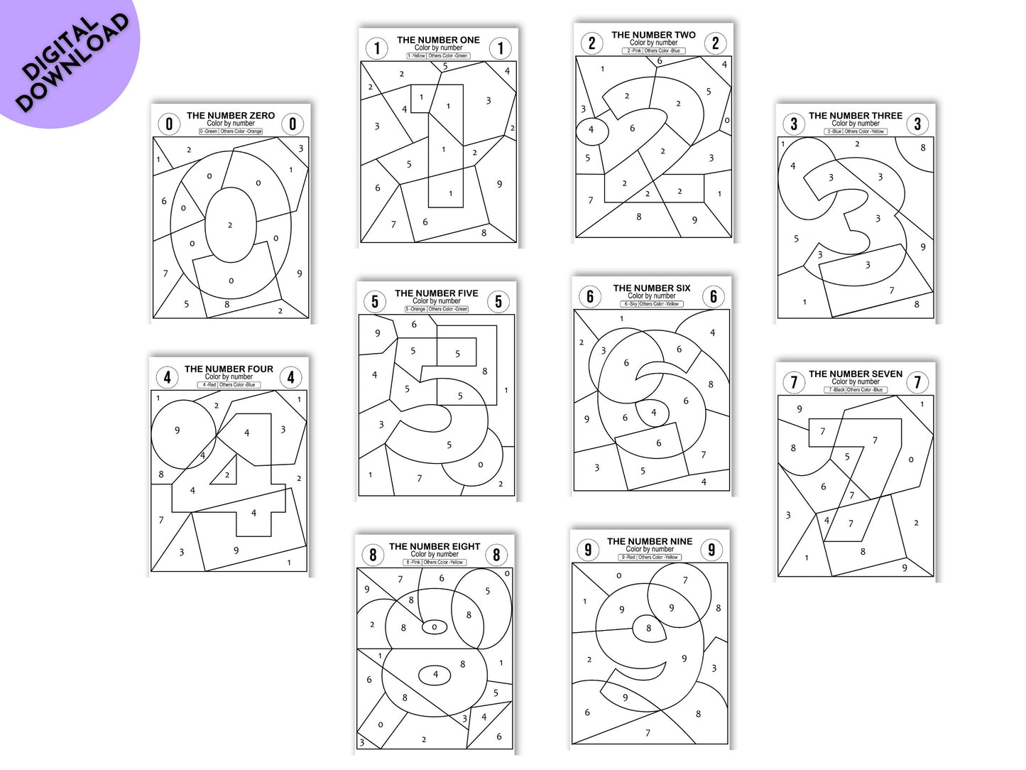 Color By Number 0-9 Activity: Pre-K Coloring Pages (Digital Download)