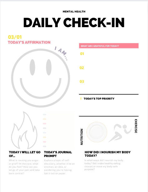Daily Mental Health Check-In Printable Worksheet (Digital Download)