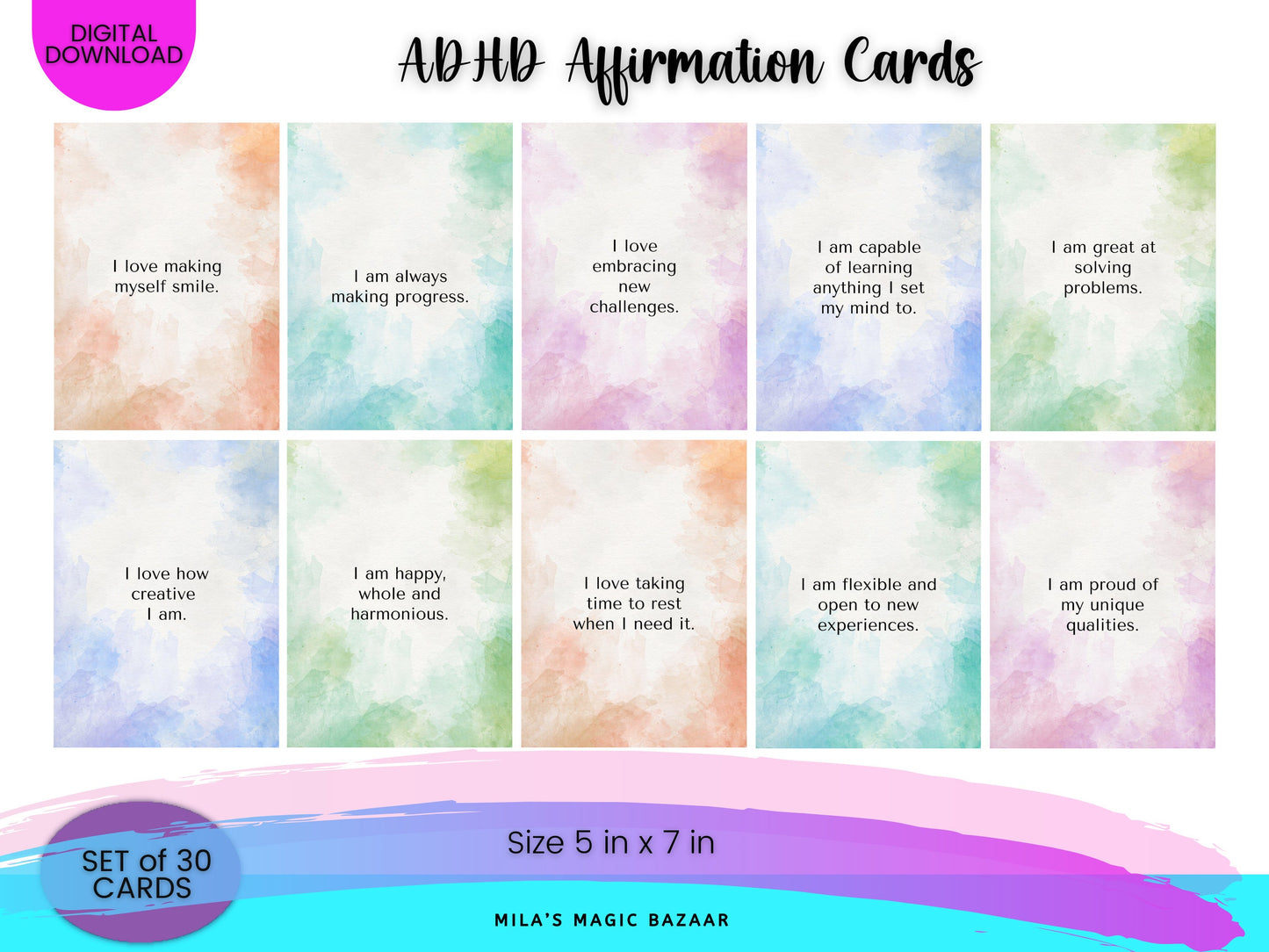 ADHD Affirmation Cards: 30 Daily Mental Health Tools (Digital Download)