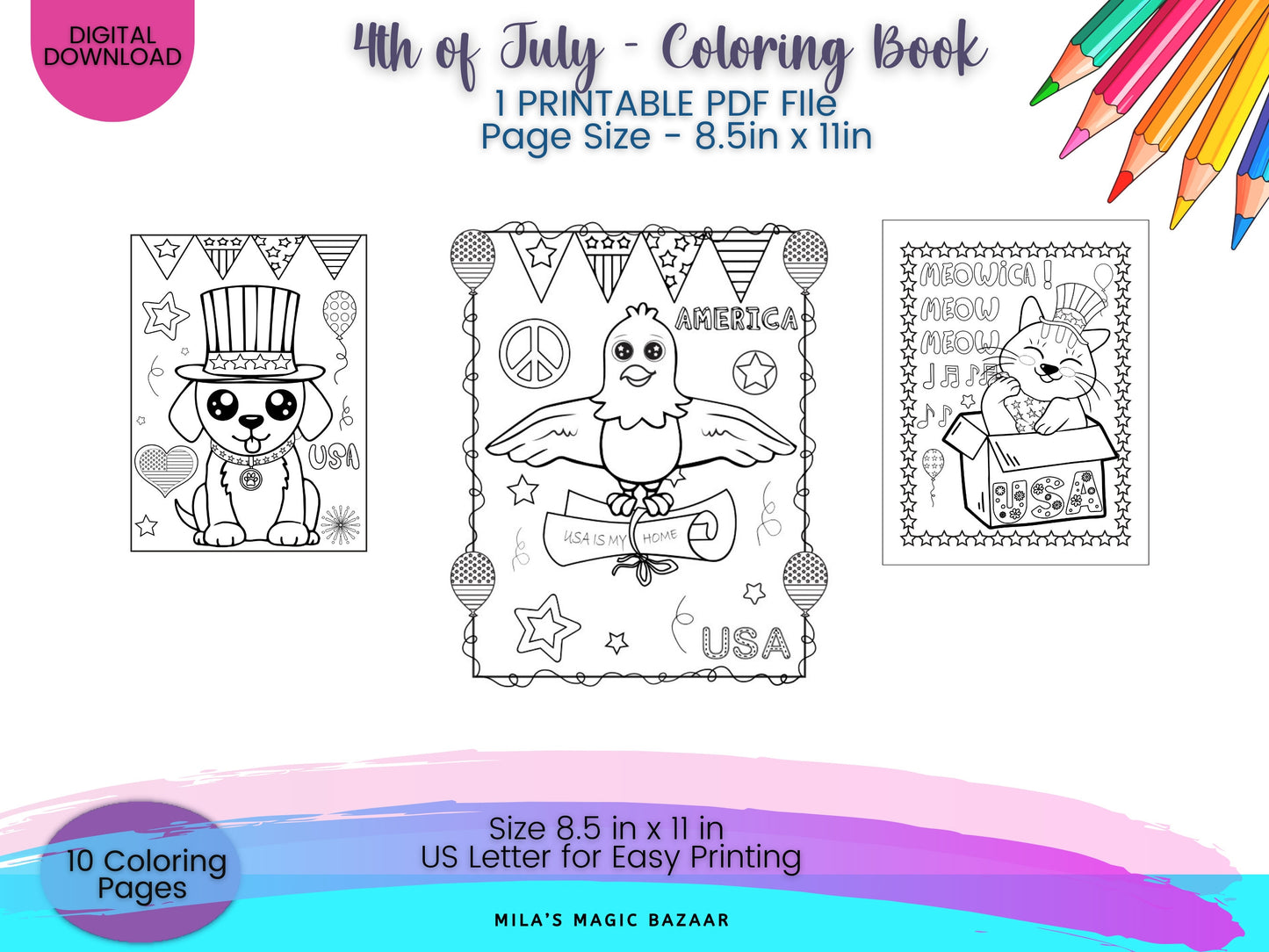 4th of July Kid's Coloring Book: 10 Patriotic Pages (Digital Download)