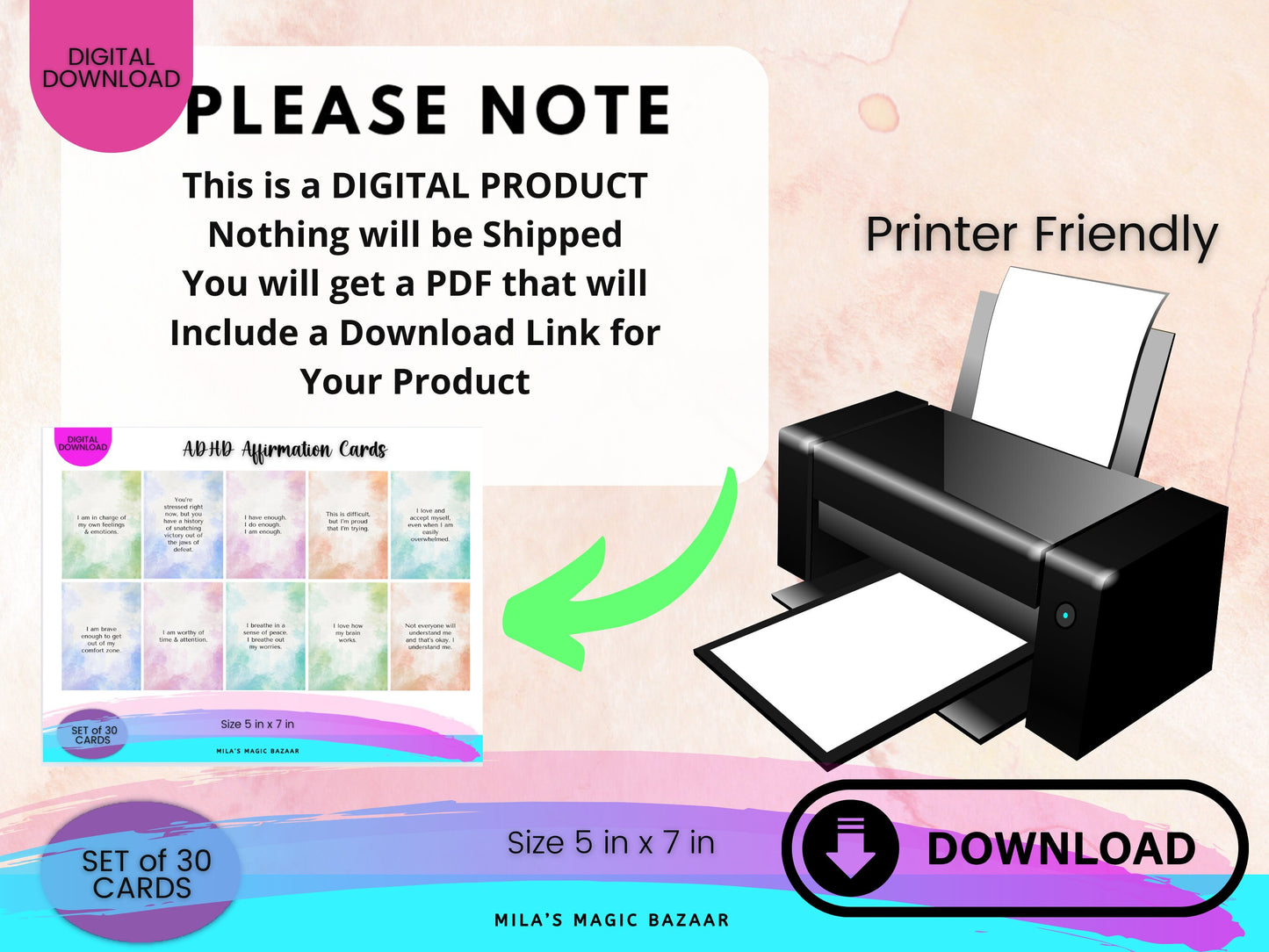 ADHD Affirmation Cards: 30 Daily Mental Health Tools (Digital Download)