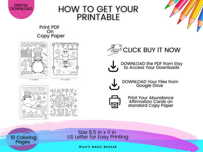 4th of July Kid's Coloring Book: 10 Patriotic Pages (Digital Download)