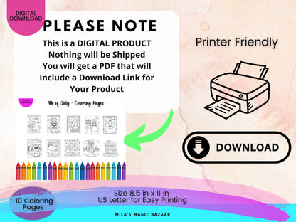 4th of July Kid's Coloring Book: 10 Patriotic Pages (Digital Download)
