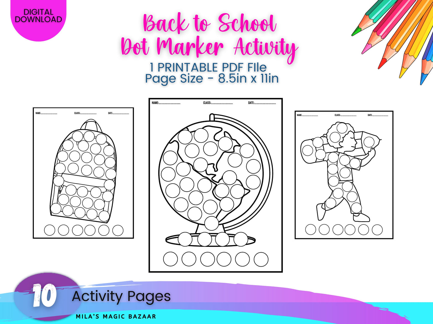 Back to School Dot Marker Activity Book: 10 Pages (Digital Download)