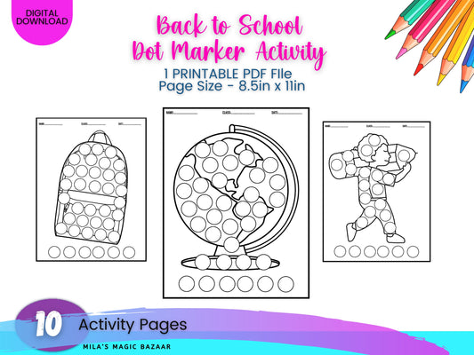 Back to School Dot Marker Activity Book: 10 Pages (Digital Download)