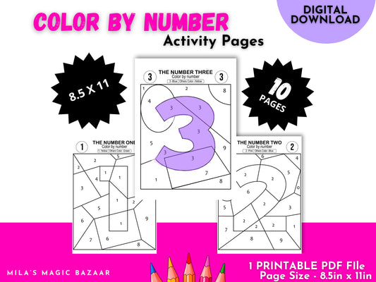 Color By Number 0-9 Activity: Pre-K Coloring Pages (Digital Download)