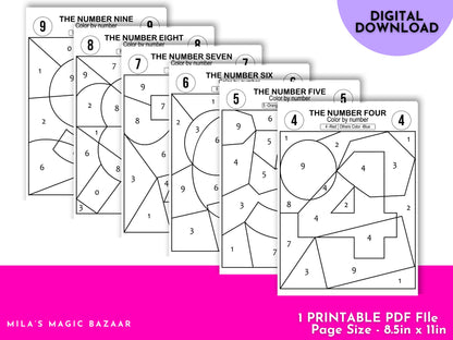 Color By Number 0-9 Activity: Pre-K Coloring Pages (Digital Download)