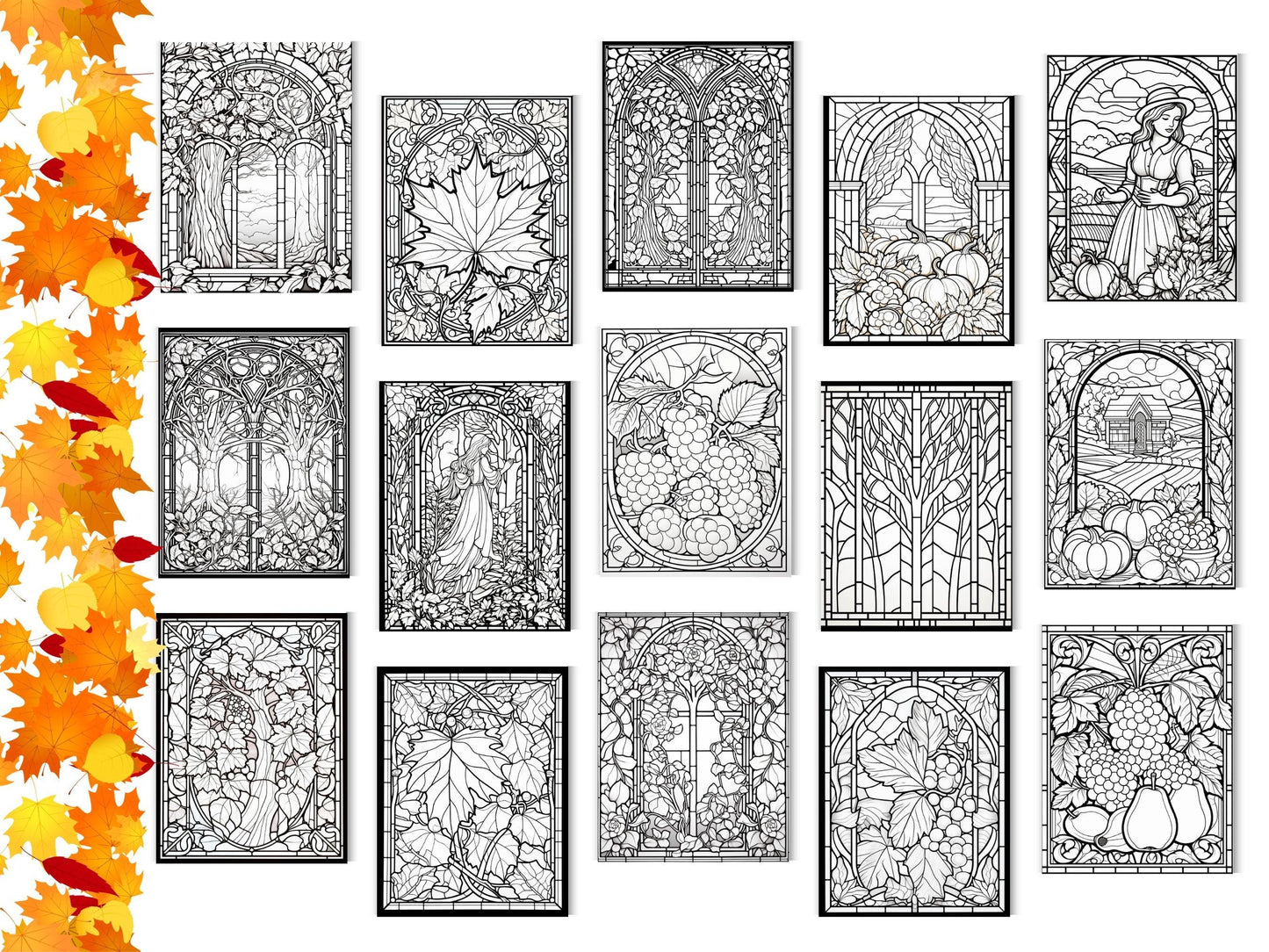 Autumn Botanicals Stained Glass Coloring Pages (Digital Download)