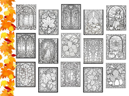 Autumn Botanicals Stained Glass Coloring Pages (Digital Download)