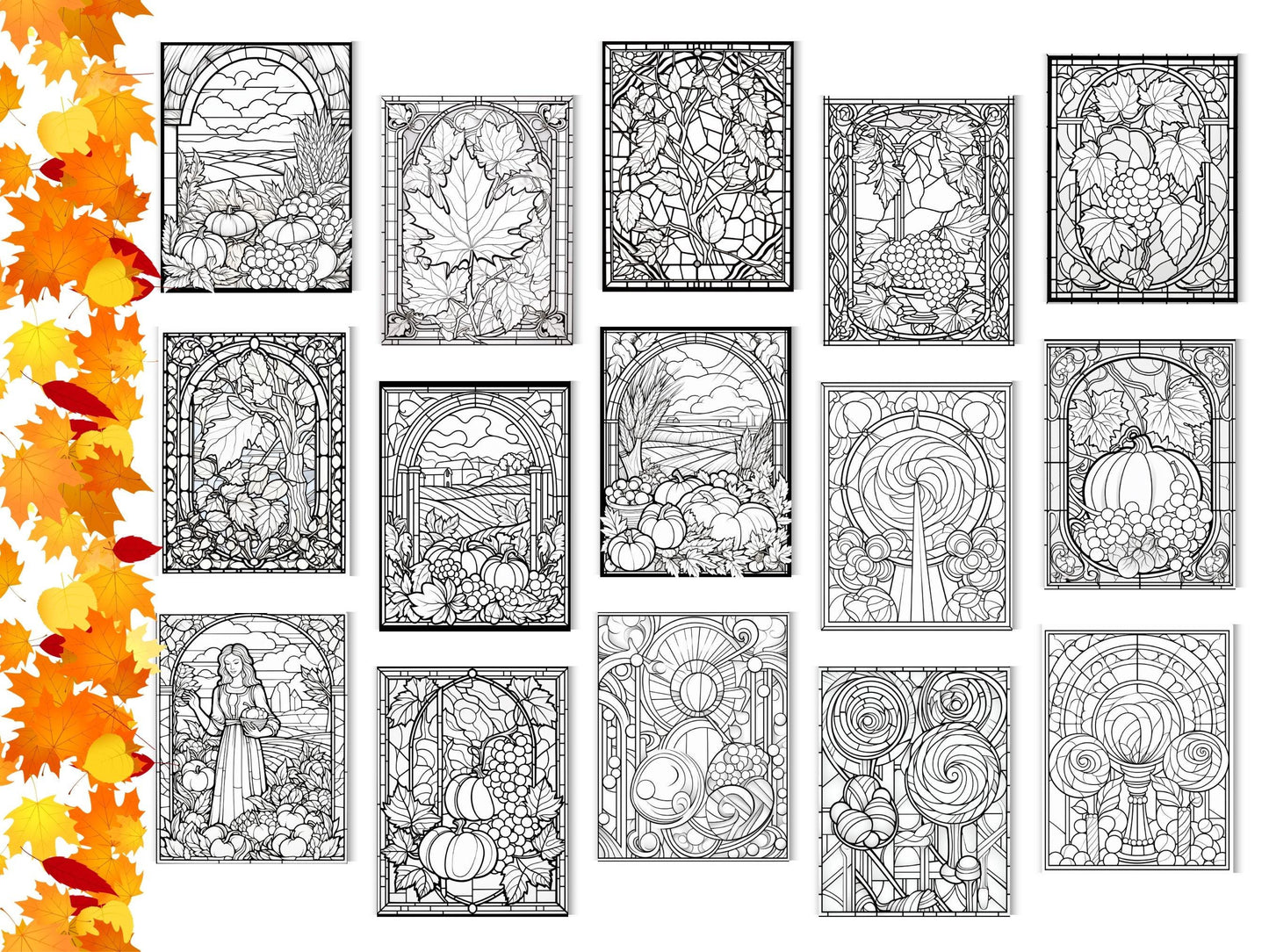 Autumn Botanicals Stained Glass Coloring Pages (Digital Download)