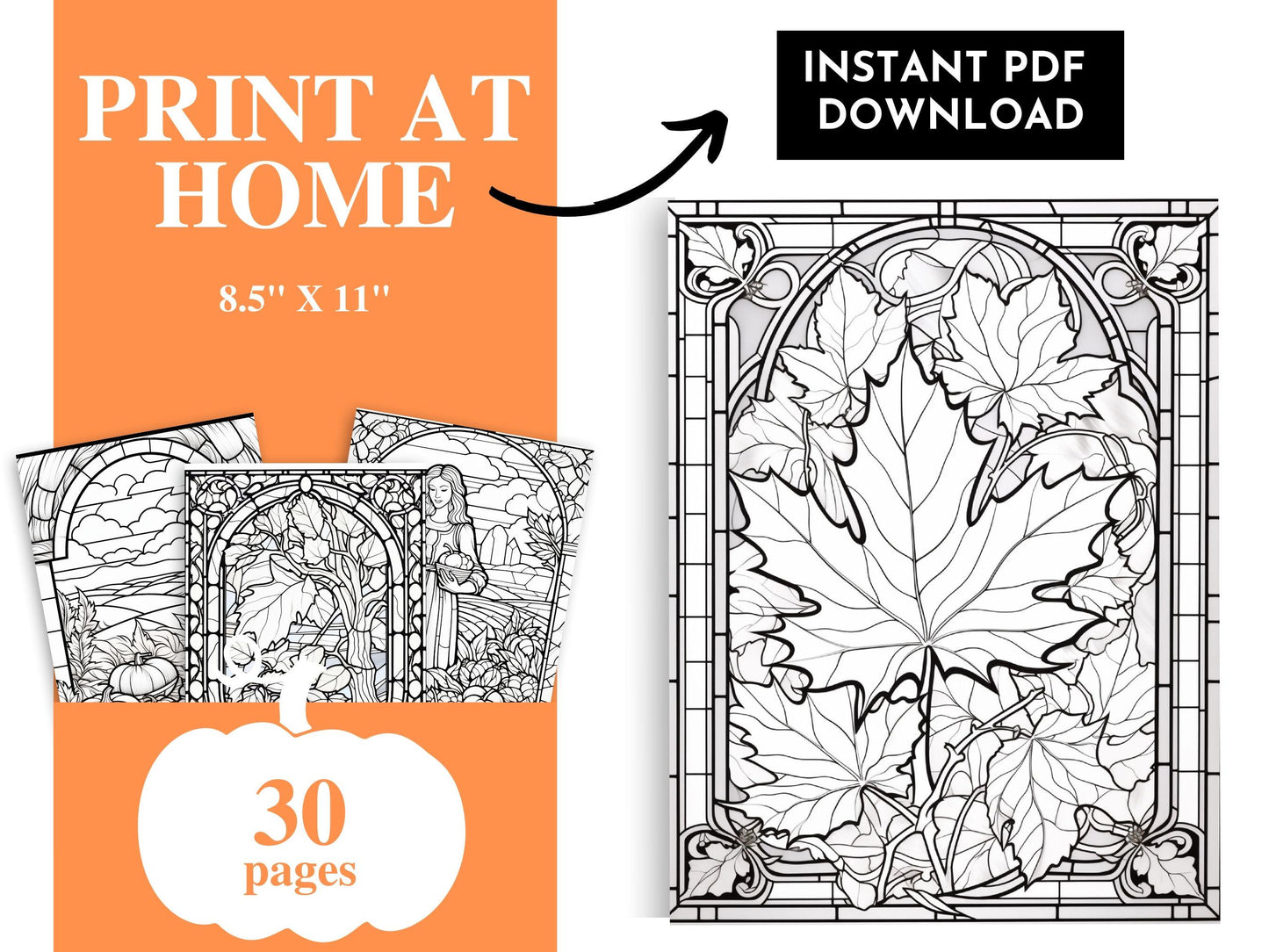 Autumn Botanicals Stained Glass Coloring Pages (Digital Download)