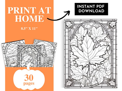 Autumn Botanicals Stained Glass Coloring Pages (Digital Download)