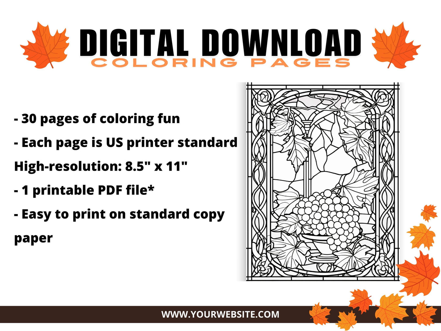 Autumn Botanicals Stained Glass Coloring Pages (Digital Download)