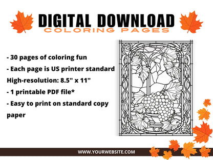 Autumn Botanicals Stained Glass Coloring Pages (Digital Download)